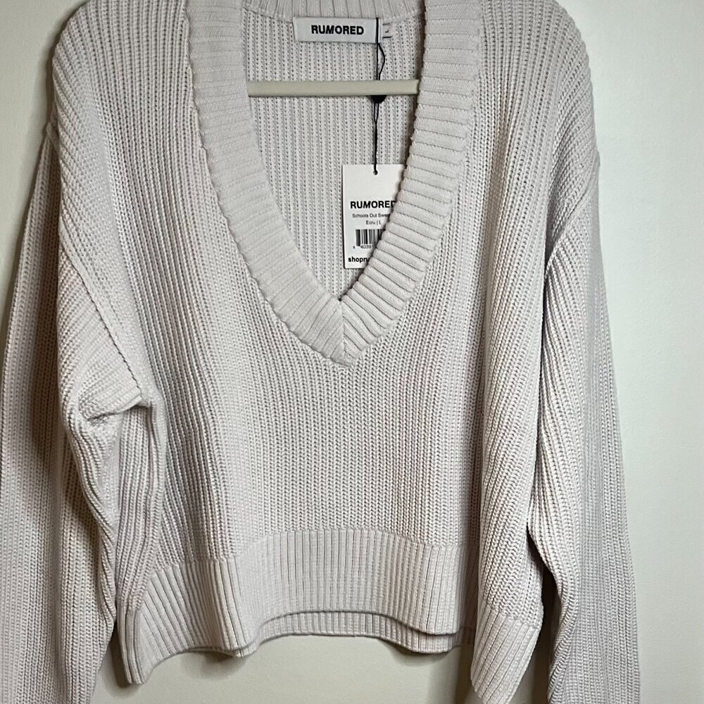 Rumored 'School's Out' Ecru Ripped Cropped Heavyweight Sweater Size L - Picture 4 of 8